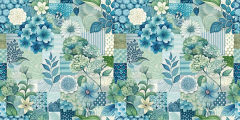 A vibrant floral pattern in shades of blue and green, perfect for textile design.