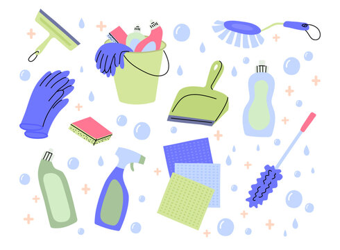 Cartoon Color Different Cleaning Supplies Floating Set Housework Concept Flat Design Style. Vector illustration of Brush, Cloth, Wiper, Scoop, Washing Sponge and Detergent Bottle