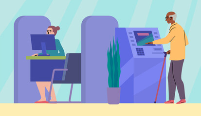 Cartoon Color Character Clients and Credit Manager Atm Cash Machine at Bank Office Room Providing Banking Services Concept Flat Design Style. Vector illustration