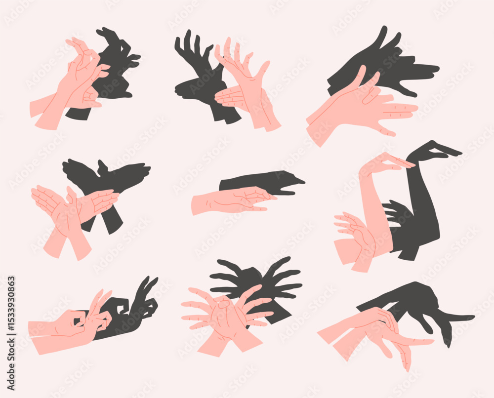 Poster cartoon color different light skin hand shadow puppets set concept flat design style. vector illustr