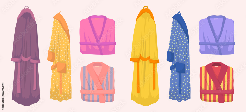 Poster cartoon color different bathrobe set folded and hanging view concept flat design style. vector illus
