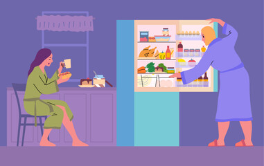 Cartoon Color Characters Girl with Sandwich at Refrigerator and Night Snack Concept Flat Design Style. Vector illustration of Late Night Snacking