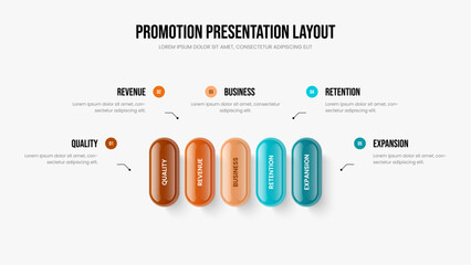 Market Campaign Frame Design Vector Illustration. Enterprise Visualization 5 Option Infographic Presentation Template. Company Growth Five Step Diagram Slide Layout.