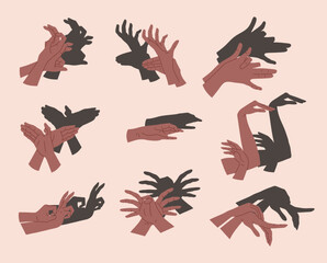 Cartoon Color Different Dark Skin Hand Shadow Puppets Set Concept Flat Design Style. Vector illustration of Hands Creating Various Shapes
