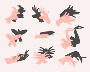 Cartoon Color Different Light Skin Hand Shadow Puppets Set Concept Flat Design Style. Vector illustration of Hands Creating Various Shapes