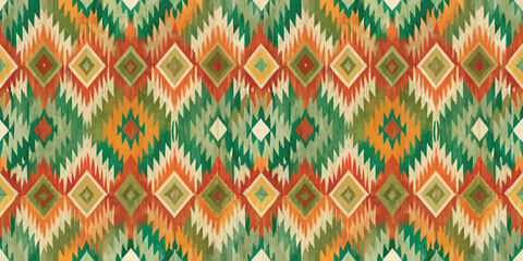 Colorful geometric pattern with vibrant diamonds and spikes on a textured background.