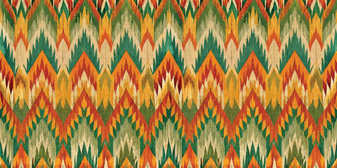 Vibrant zigzag pattern with shades of green, orange, and gold.