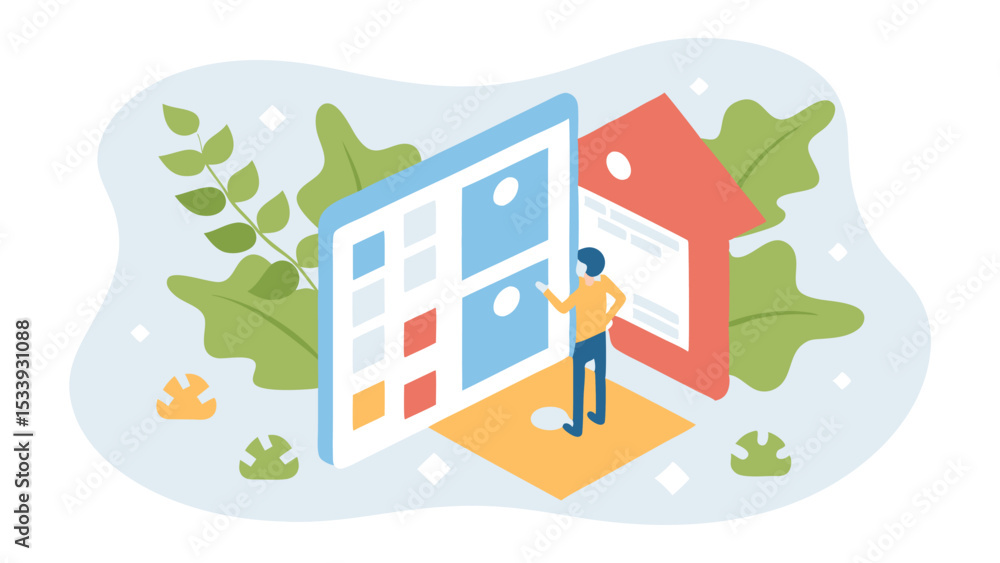 Poster isometric illustration of a person interacting with a large interface and a house shape behind
