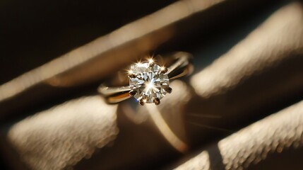 Close-up of a beautiful diamond ring in a box. The ring is made of white gold and has a round diamond in the center.
