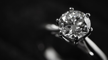 Close-up of a beautiful diamond ring on a black background. The diamond is round and brilliant-cut, and it sparkles in the light.