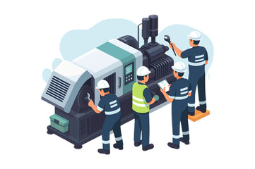 Industrial Engineers Inspecting Advanced Manufacturing Machinery Equipment in a Factory Setting