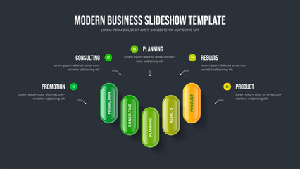 Marketing Forecast 5 Option Diagram Frame Design. Professional Briefing Five Element Infographic Slideshow Layout. Project Performance Presentation Template Vector Illustration.