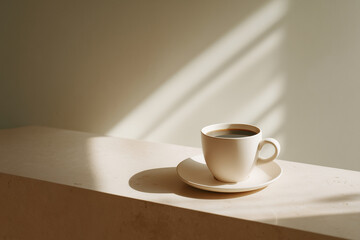 Minimalist coffee cup on beige table under soft natural light with subtle shadows creating a calm and peaceful morning atmosphere in warm tones.