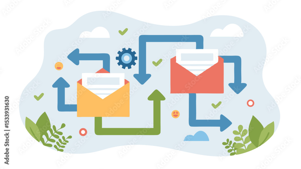 Poster illustration of two envelopes with arrows and a gear representing a workflow process diagram concept