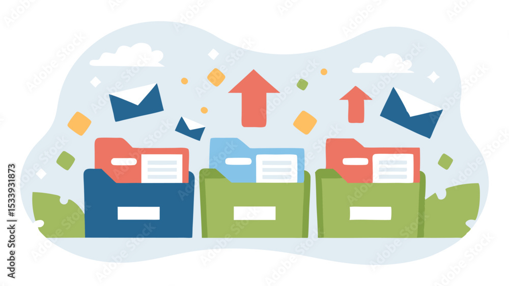 Poster illustration showing three folders with documents and arrows pointing upwards and envelopes flying a