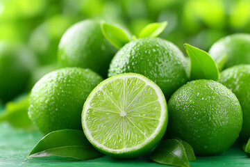 Fresh green limes with water droplets and leaves on a vibrant background, representing natural citrus fruit full of juice and zest.