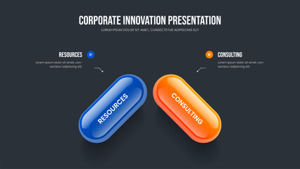 Enterprise Showcase Frame Layout Vector Illustration. Business Report 2 Element Infographic Slide Design. Visual Profile Two Step Diagram Slideshow Template.