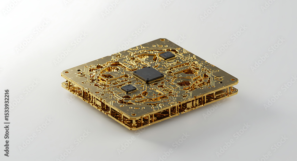 Poster an ornate, golden processor or microchip with intricate circuitry, isolated on a light background. c