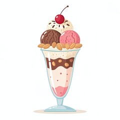 Elaborate ice cream sundae with multiple flavors served in a tall glass, topped with cherry and nuts