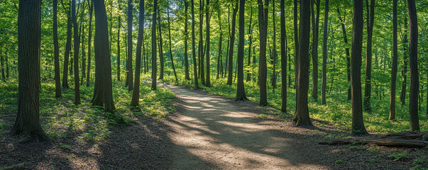 Tranquil forest trail surrounded by tall pines

