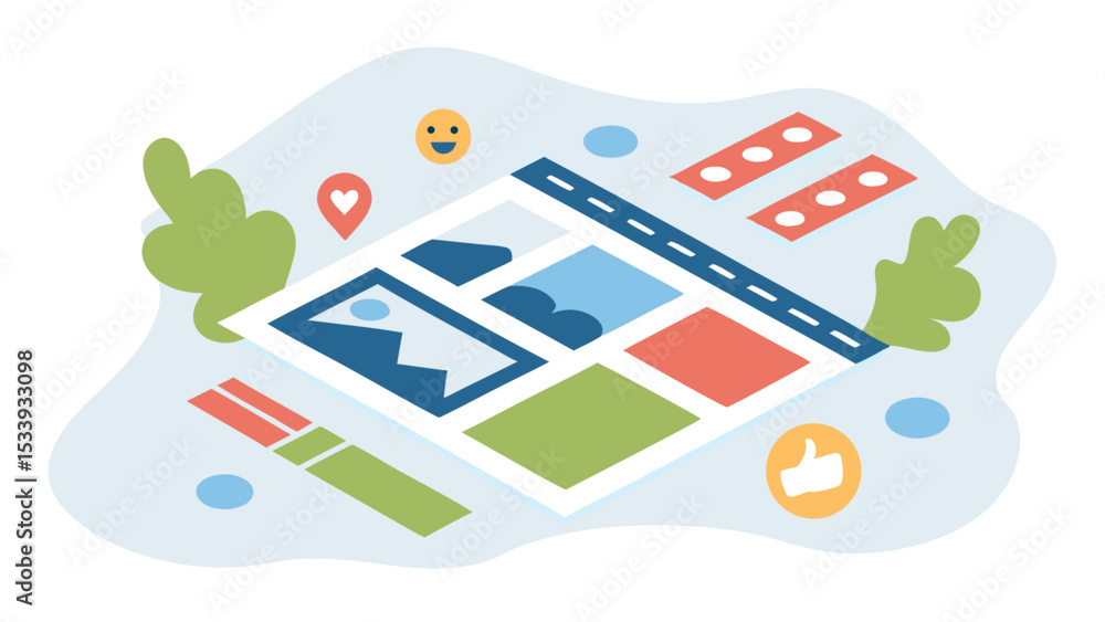 Poster isometric layout with various content blocks and social media icons on a light blue background