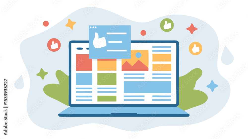 Poster laptop displaying a grid layout with a like icon and various colorful shapes surrounding it all
