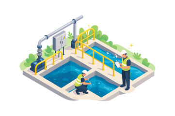 Water Treatment Plant Workers Inspecting Clean Water Reservoirs and Pipes Ensuring Safe and Efficient Water Supply