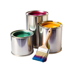 Open paint buckets, can tin with brush isolated on a transparent background