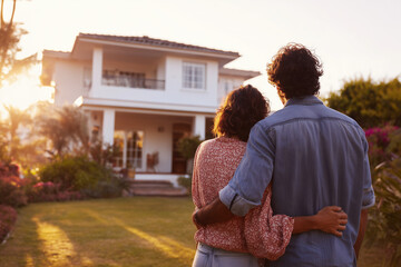 loving couple embracing in garden at sunset, peaceful backyard, warm light, casual clothing, cozy atmosphere, affectionate moment