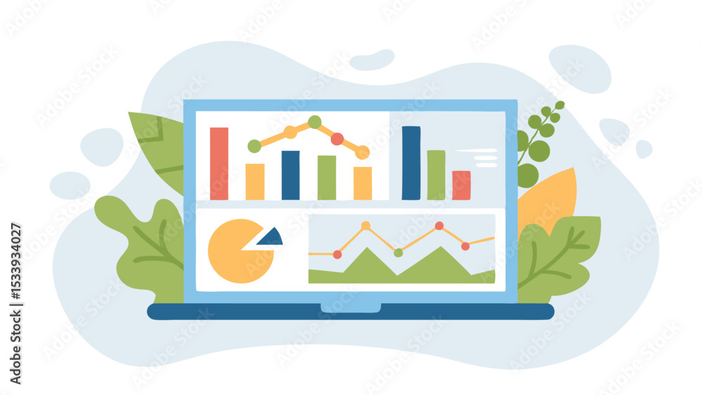 Poster laptop displaying various charts and graphs with surrounding leafy plant decorations in a modern sty