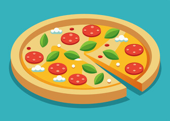 Bright colorful pizza on yellow background with vibrant and bright colors. Pizzeria logo template
