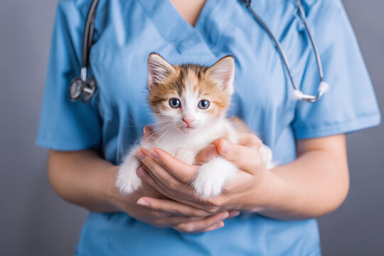 caring woman veterinarian holding small cat kitten in blue uniform with stethoscope in clinical environment, animal patient care and medical support