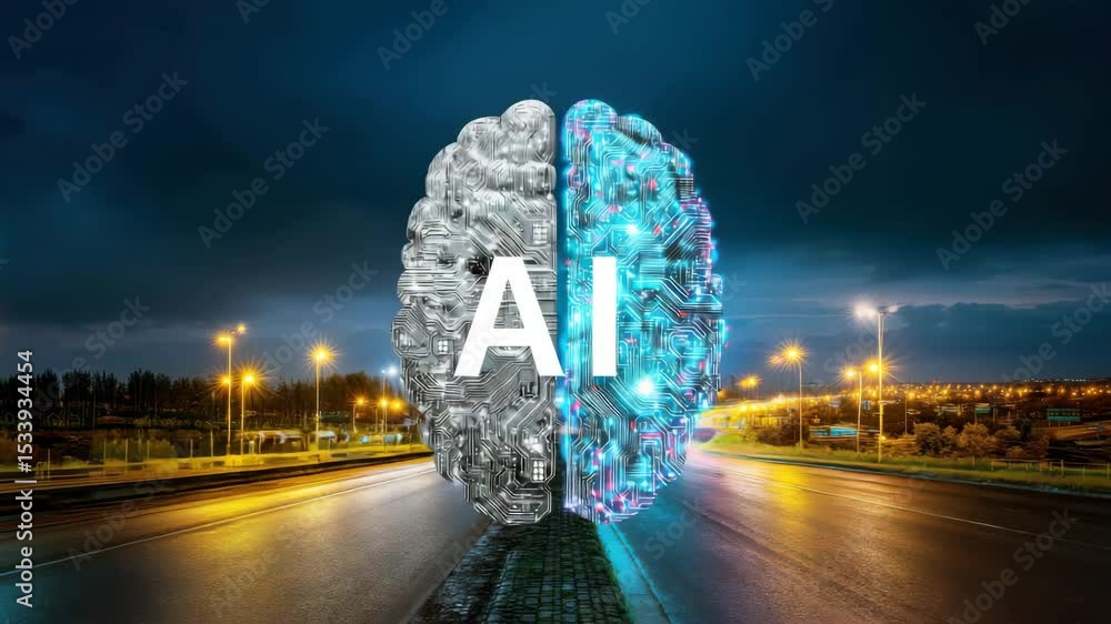 Poster a dynamic scene of two intertwined digital brain models. the backdrop is an open highway at night, i