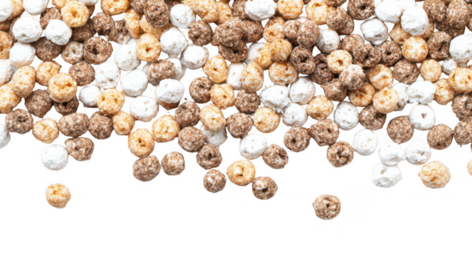 Tasty brown and white cereal puffs scattered on an isolated background, png, transparent