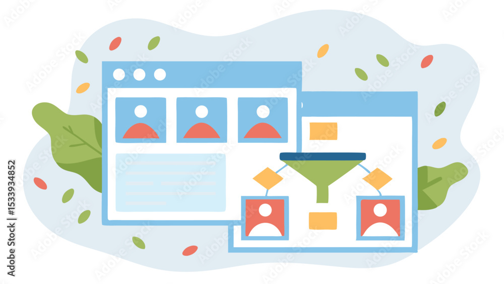 Poster illustration of two windows displaying profiles and a funnel diagram on a light background