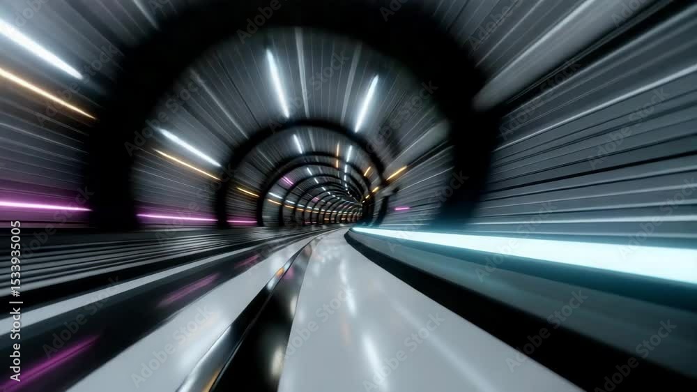 Poster time-lapse photography of a high-speed tunnel, with a futuristic style and symmetrical composition.