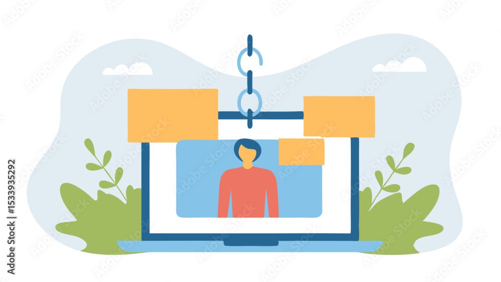 Poster laptop showing a person on screen connected by a chain with leaves and clouds in the background