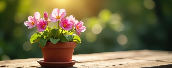 Delicate pink & white primroses bloom in terracotta pot, sunlit rustic wood table , bright, spring, gentle
