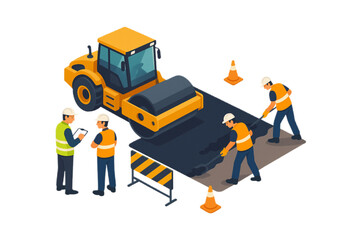 Road construction workers paving new asphalt using a steamroller road roller during a highway project illustrating teamwork and infrastructure development