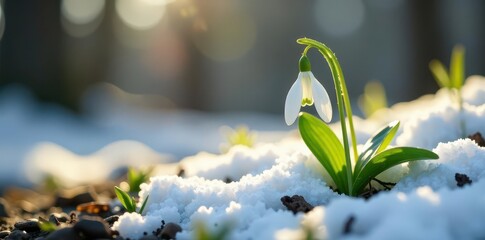 Delicate snowdrop emerges from melting snow, early spring forest , cold, innocence, natural
