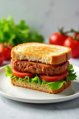 Delicate royal sandwich placed on a elegant white background with fresh greens and juicy tomatoes, sandwich, fresh