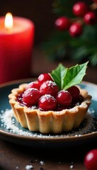Elegant mini tart, sugared cranberries, holly sprig, candlelight background, moody, food, christmas baking