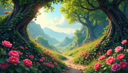 Dreamy landscape of twisted vines and blooming flowers, fantasy, surreal