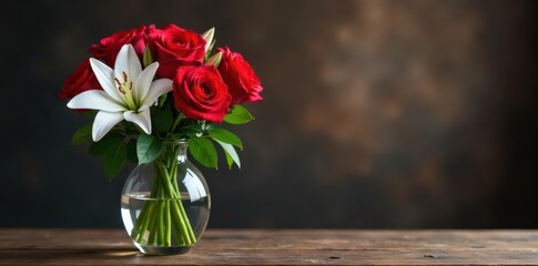 Elegant red roses and white lilies in a glass vase , nature, botanical