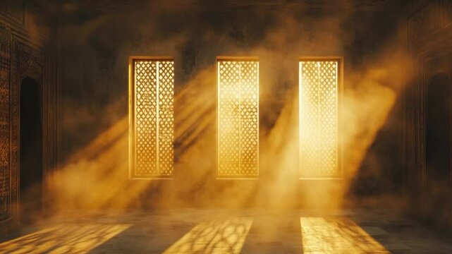 ancient yoruba ceremonial room at sunset, golden light rays piercing through windows, smoke tendrils, traditional african patterns on walls, photorealistic, moody atmosphere, cinematic col