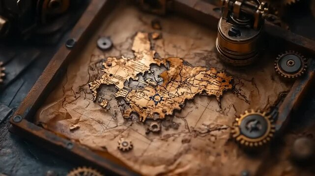 Antique map with gears on textured background