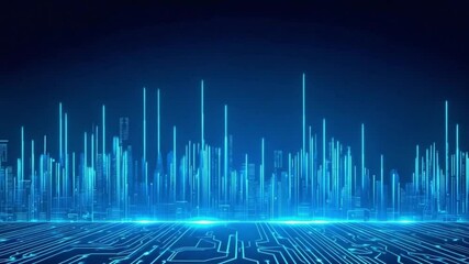 Blue technology background with a city skyline and circuit board, a blue gradient background with a futuristic digital line grid, a dark night sky, white lights, and glowing lines A wide- - Powered by Adobe