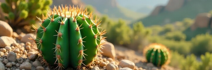 Emerald green cactus, long menacing thorns, arid landscape, cactus, summer