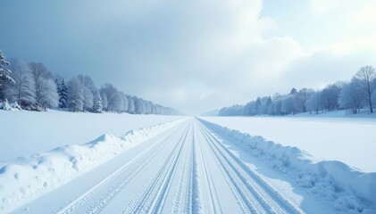 Empty snow road vanishing into snowy horizon, minimalist winter scene, white landscape, peaceful, minimal