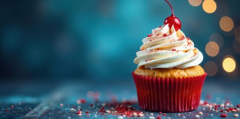 Festive cupcake, creamy frosting, sparkling topper on blue bokeh background, colorful, photography, food